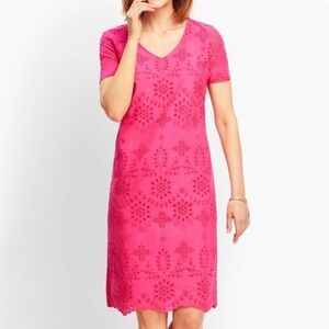 Talbots Embroidered Scallop Hem Eyelet Short Sleeve Shift Dress Pink 10 Petite